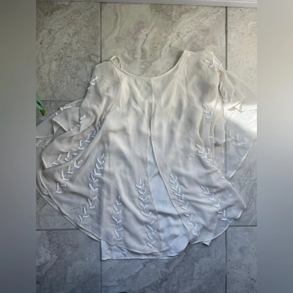 Free People Pointed Cape Mini Dress Cream Beaded Size Small Polyester New Preppy